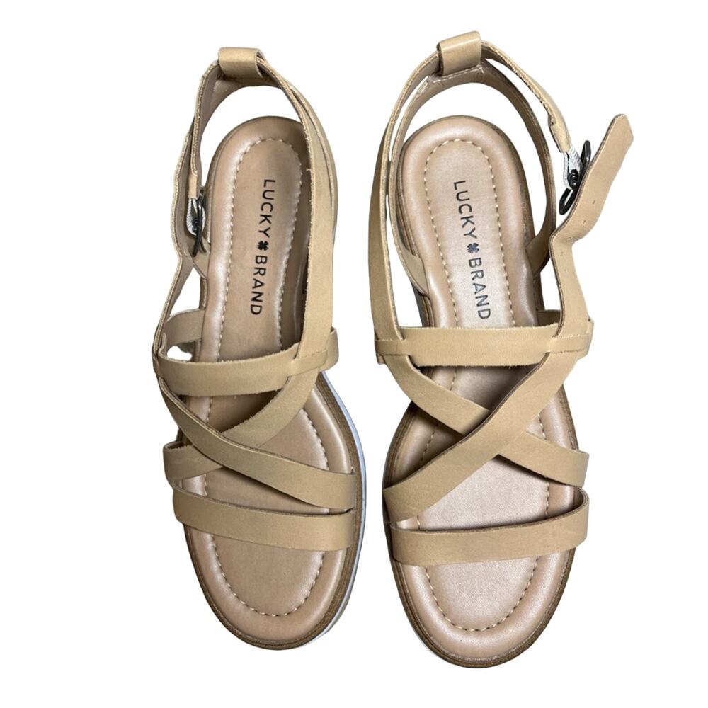 Lucky Brand Women Strappy Sandal Platform Wedge Tan/White Slingback Size 7.5